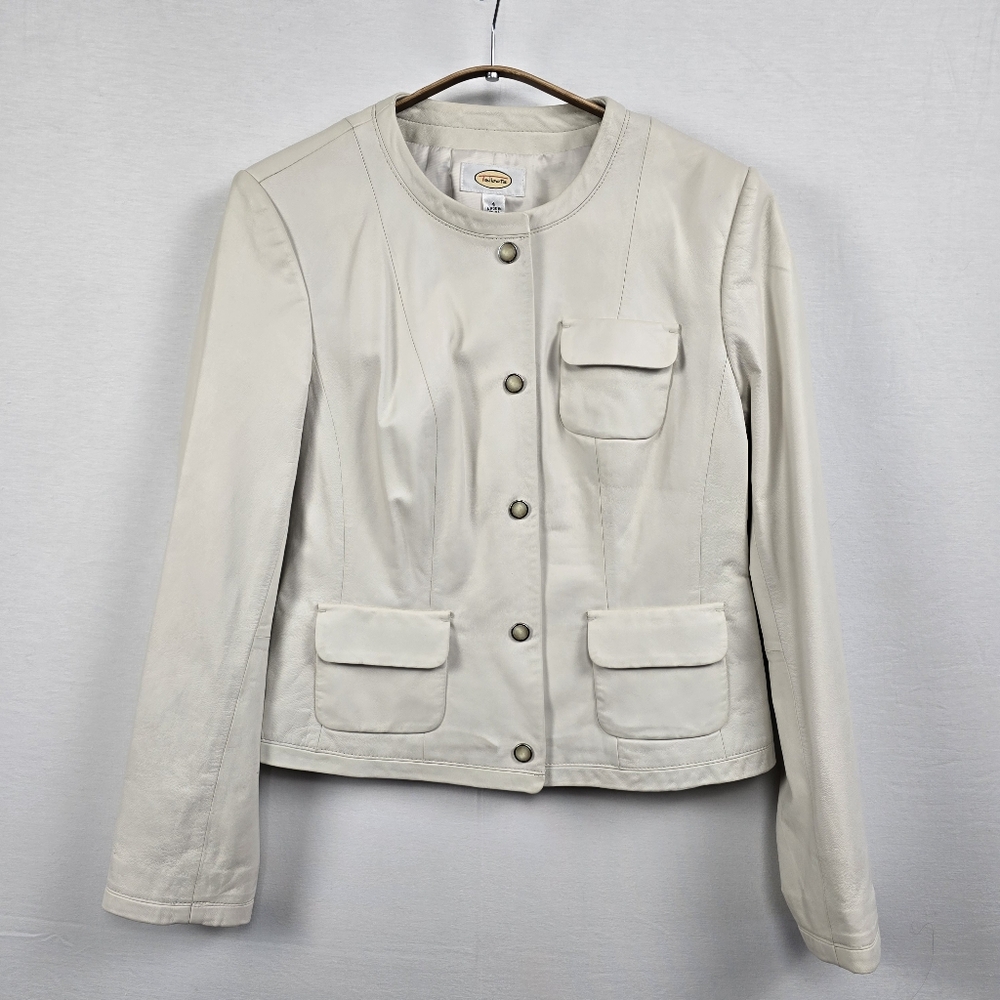 Talbots Ivory Leather Snap Front Jacket Size 4 - Picture 13 of 14